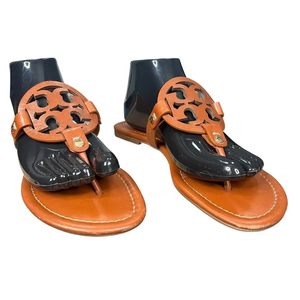 Tory Burch Miller Flat Brown Leather Thong Sandals Size 9.5